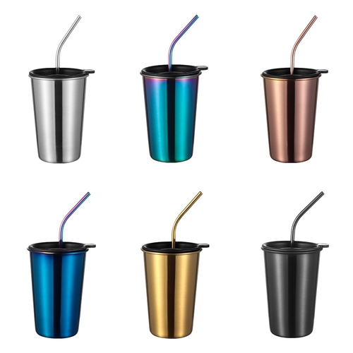500ML Stainless Steel Metal Coffee Mugs Straw