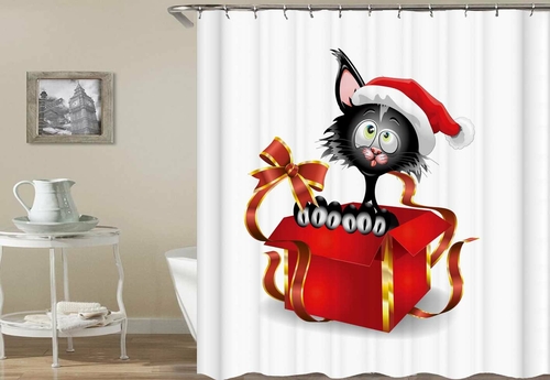 SantaвЂ™s Cat In A Gift Box Shower Curtain