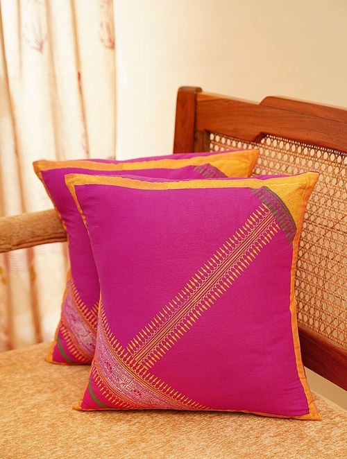 Pink Cotton Block Print Cushion Cover Pack of 2 (Size 23 x 16 Inch)