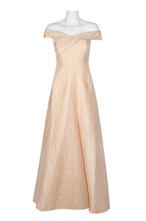 Aidan Mattox Off-Shoulder Pleated Flutter Zipper Side Metallic