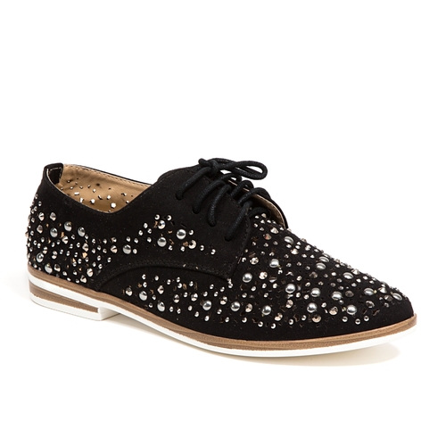 Metallic Flat Oxford Shoes with Laser Cutouts, Black - Size 38