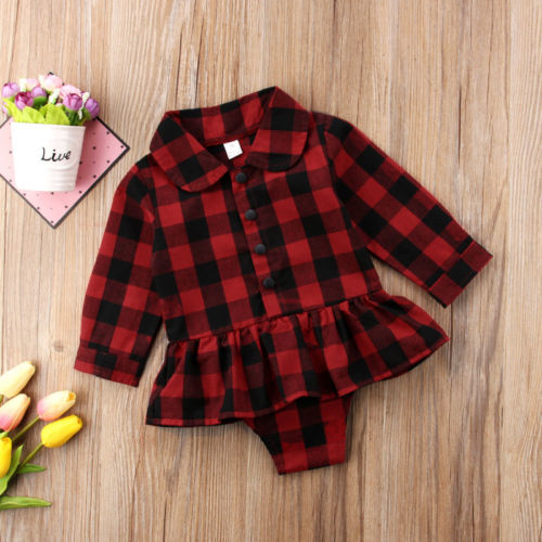 Casual Newborn Kids Baby Girls Plaid Bodysuit