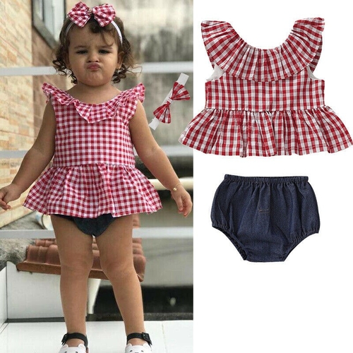 USA Summer Toddler Baby Girl Outfits Ruffle Plaid 