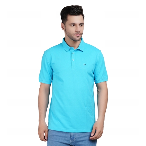 Men Solid Polo Neck Cotton Sky Blue T-Shirt (Size L)