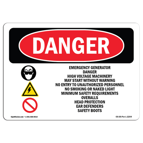 SignMission OS-DS-A-1014-L-2204 Danger Emergency Generator Danger High