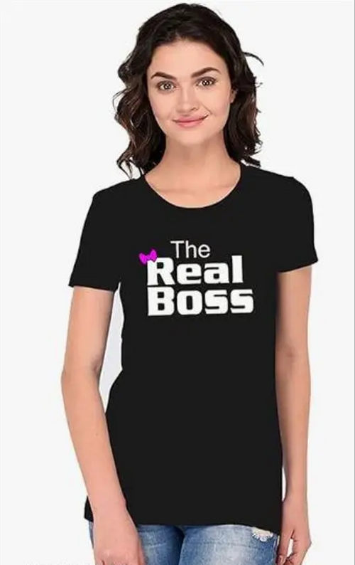 Women Cotton Printed On Black Tshirt