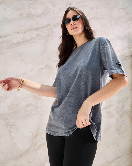 Acid Wash Oversized Crew-Neck T-Shirt (SIZE-S) (COLOR-GREY)