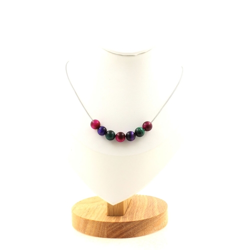 Purple + Green + Fuchsia Tiger's Eye 8 mm 7 beads necklace.