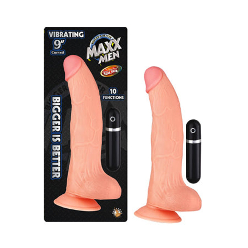 Maxx Men Vibrating 9in. Real Skin Curved Dong With Balls & Suction Cup