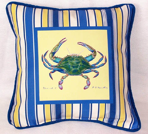 Betsy Drake SN005 Stripe Blue Crab Small Outdoor-Indoor Pillow 12&quot