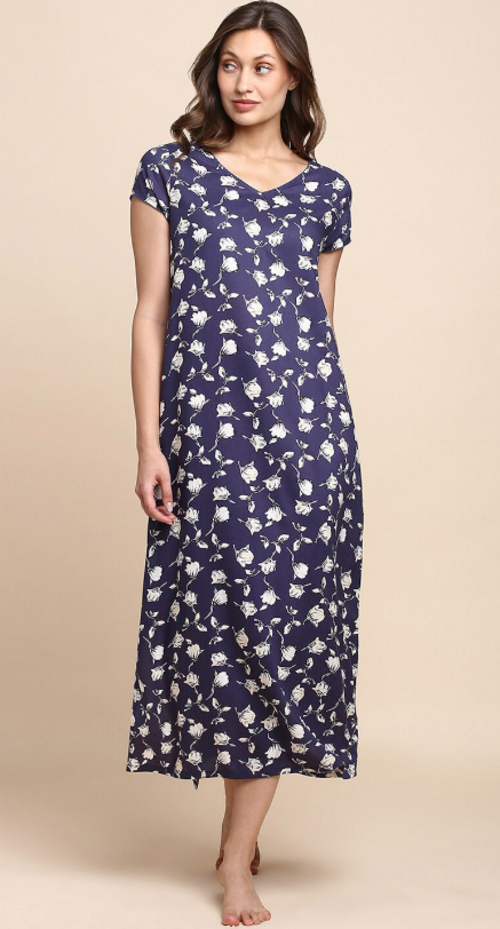 Women Floral Printed V-Neck Midi Nightdress Navy Blue(Size XL)