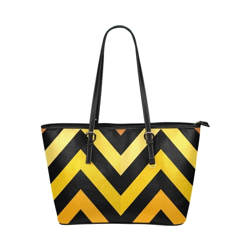 Large Leather Tote Shoulder Bag - Yellow and Black Herringbone Print