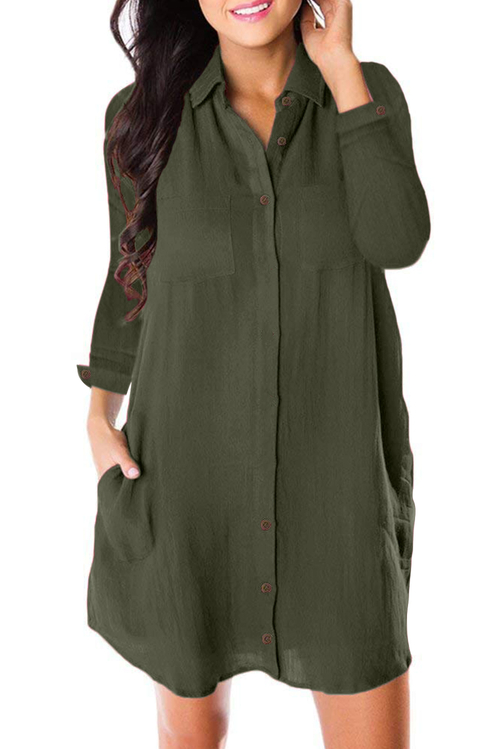 Army Green Long Sleeve Button Down Crepe Shirt Dress