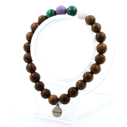Malachite from Congo + Matte purple Mica + wood Bracelet 8 mm Beads.