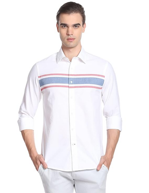 Men's Striped Regular Fit Horizontal Stripe Oxford Casual Shirt