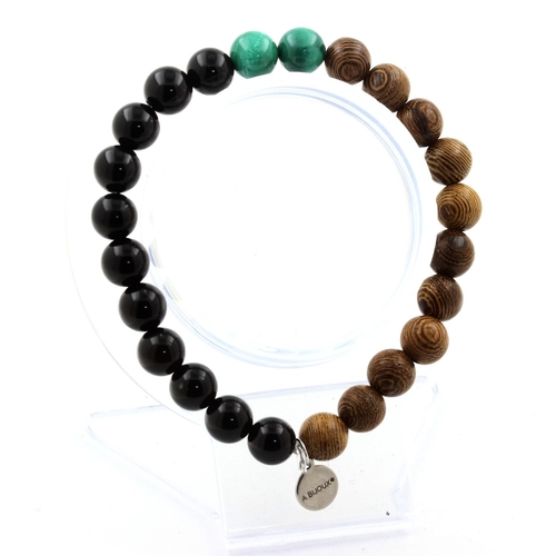 Malachite from Congo + Black Agate + wood Bracelet 8 mm Beads.