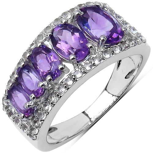 2.17 Carat Genuine Amethyst & White Topaz .925 Sterling Silver 5 Stone