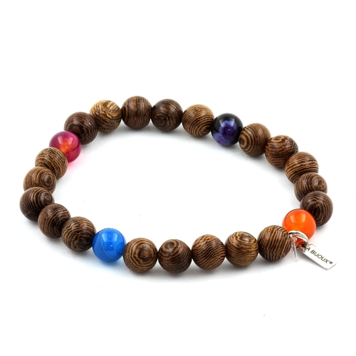 Multicolor banded agate + wood Bracelet 8 mm Beads.