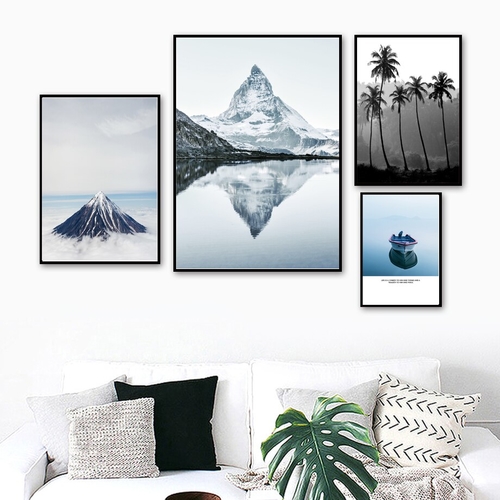 Mountain Peak Tree Boat Lake Wall Art Canvas