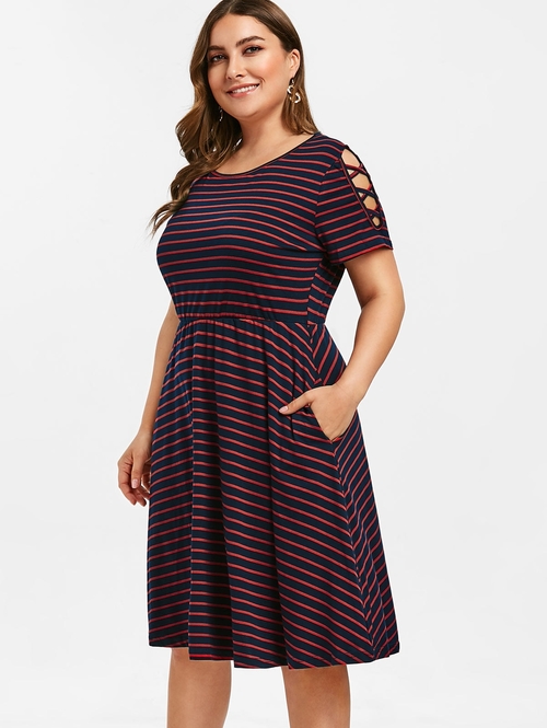  Plus Size Striped A Line Dress Criss Cross