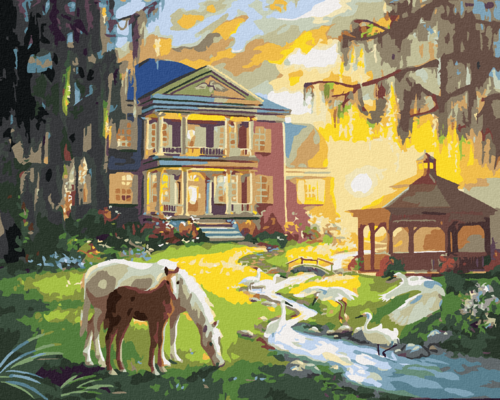 Zuty - Paint by Numbers - HORSE AND FOAL BY THE HOUSE (D. RUSTY RUST),