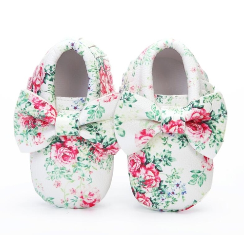 Big bow floral printing PU leather baby moccasins