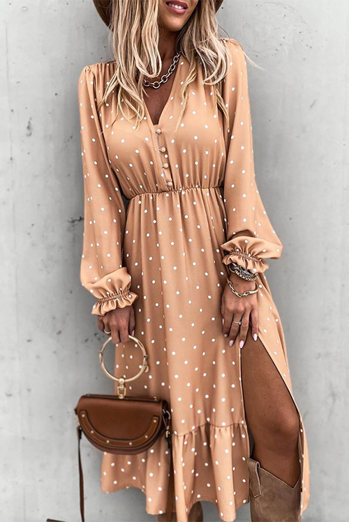 Apricot Button Polka Dot High Slit Ruffled Midi Dress