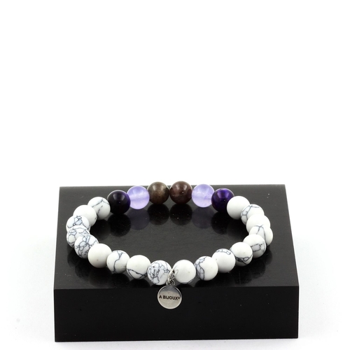 Ruby, Burma+Lavender Chalcedony+Purple Tiger’s Eye+Howlite Bracelet 