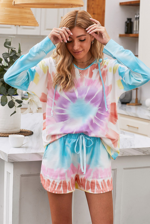 Multicolor Dip Dye Hooded Lounge Sweatshirt Shorts Set