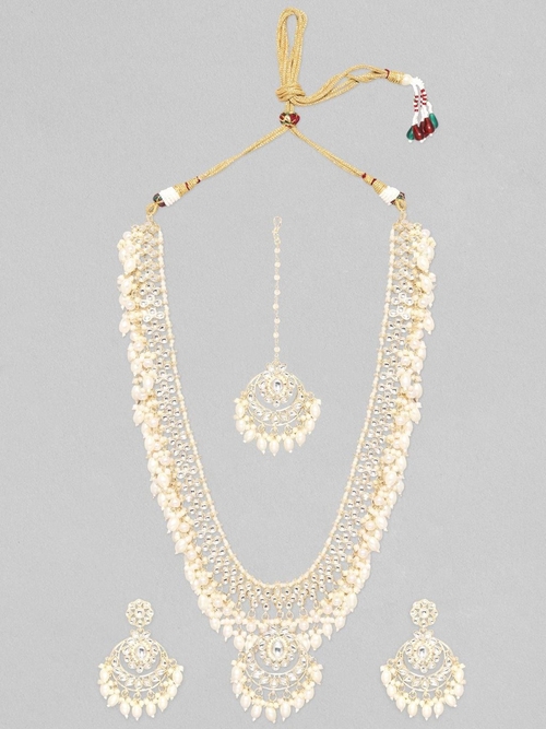 Gold Plated Kundan Studded Pearl Necklace & Earring Jewellery Set.