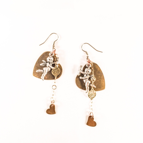 Antique Gold Heart and Cherub Charms Earrings. Cherub Earrings.