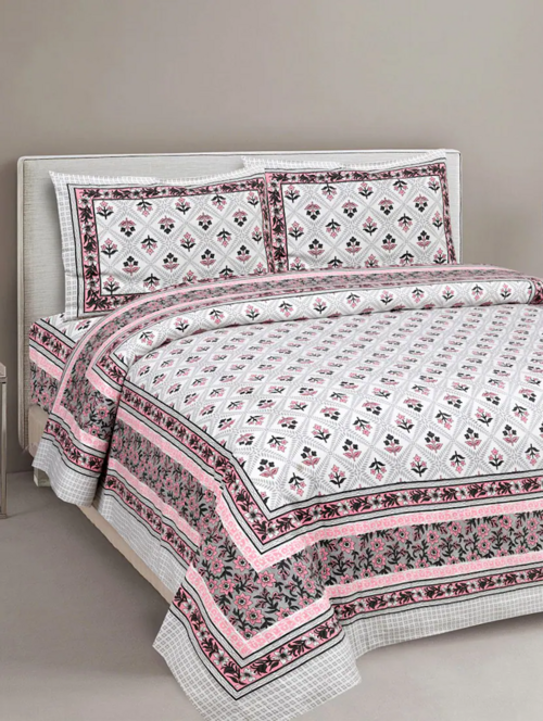Printed Double Bed Sheet With 2 Pillow Cover (Pink)