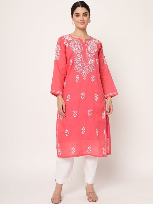 Hand Embroidered Chikankari Cotton Straight Kurta (Size-L)
