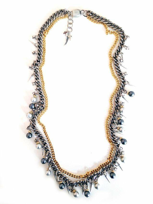 Beaded and chain necklace with pearls, crystals and charms. Trendy