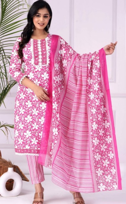 Floral Printed Pure Cotton Straight Kurta & Trousers With Dupatta