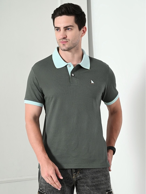 Men’s Polo T-Shirt with Contrast Ribbed Collar (Color Olive) (Size M)