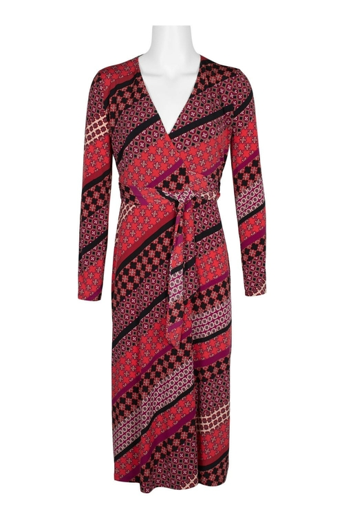 London Times V-Neck Long Sleeveless Tie Front Multi Print Jersey Dress