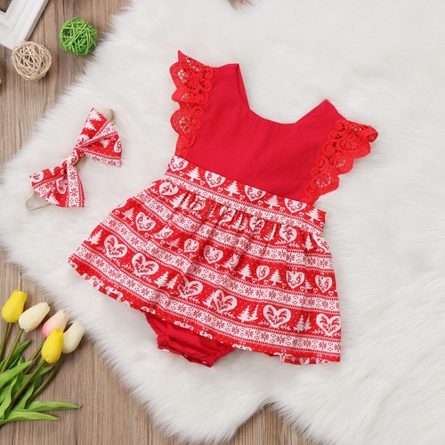 Baby Girls Christmas Romper Dress Headband Toodler