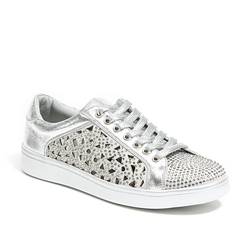 Low Top Laser Cut Sneaker Shoes with Rhinestones, Silver - Size 37