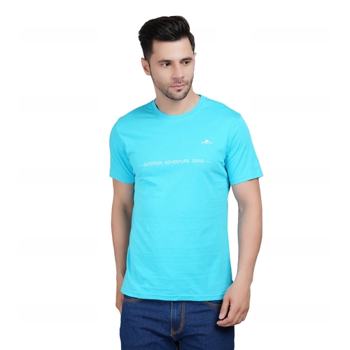 Men Printed Round Neck Cotton Sky Blue T-Shirt (Size L)