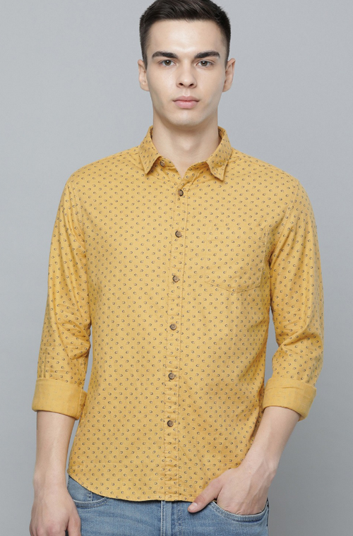 Men Slim Fit Printed Pure Cotton Casual Shirt (Color Mustard) (Size L)