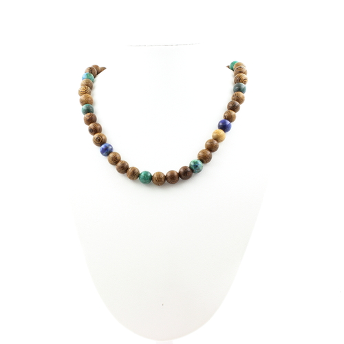 Azurite Chrysocolla + wood 8 mm bead necklace stainless steel chain