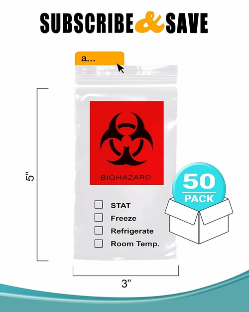 Pack of 50 Biohazard 2 Wall Specimen Bags 6 x 9 Zipper Top Plastic