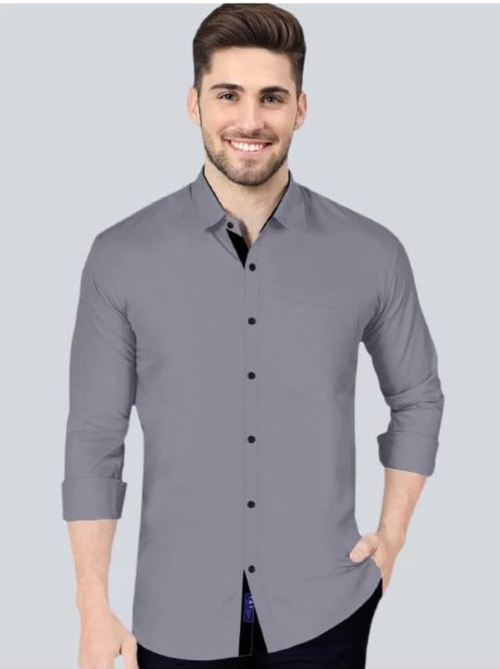 Grey Men Slim Fit Solid Spread Collar Casual Shirt