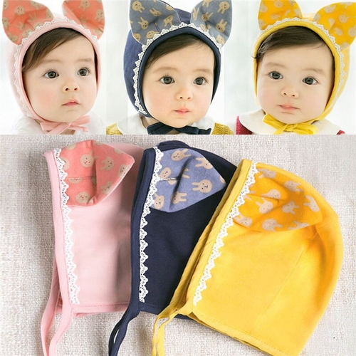 Baby Hat Newborn Cartoon Print Rabbit Ears Lace