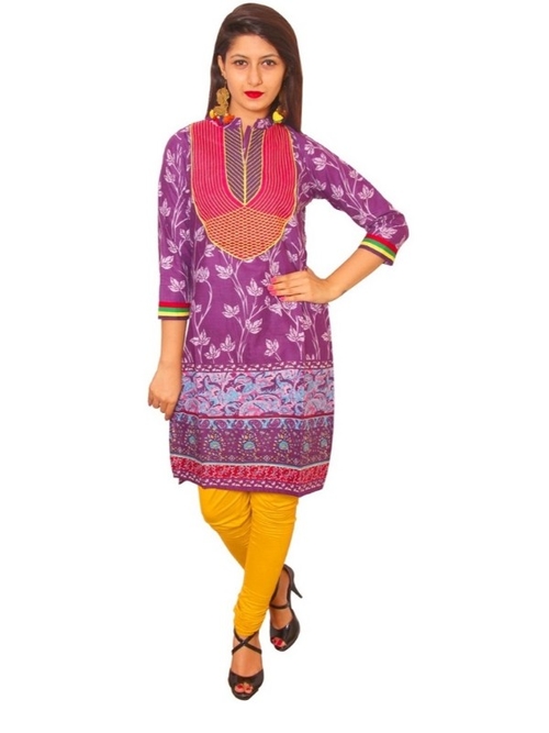 Purple Cotton Straight Embroidery Kurti