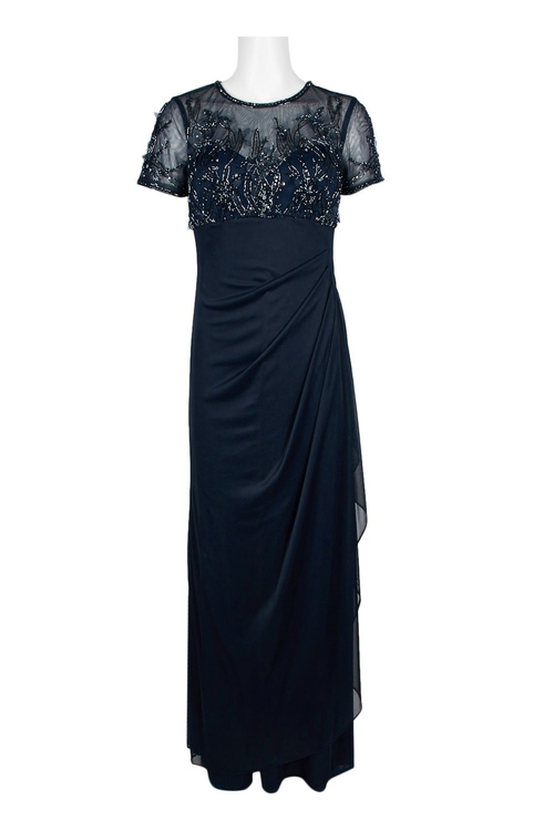 Xscape Crew Neck Short Sleeve Embellished Mesh Bodice Keyhole Back