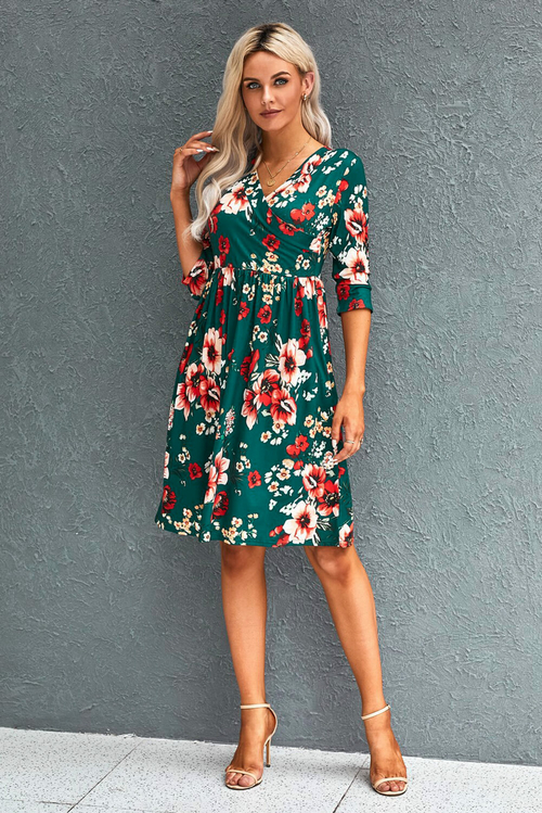 Green Floral 4/3 Sleeve Wrap Dress