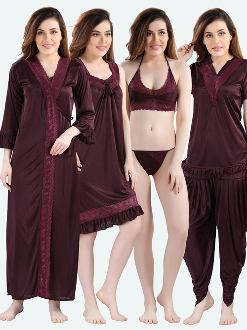 Romaisa Women's Satin Solid Brown Nightwear Set ( Pack of 6 )
