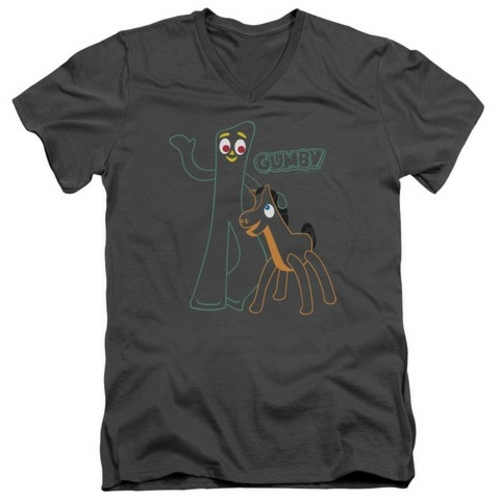 Trevco Gumby-Outlines Short Sleeve Adult V-Neck 30-1 Tee, Charcoal
